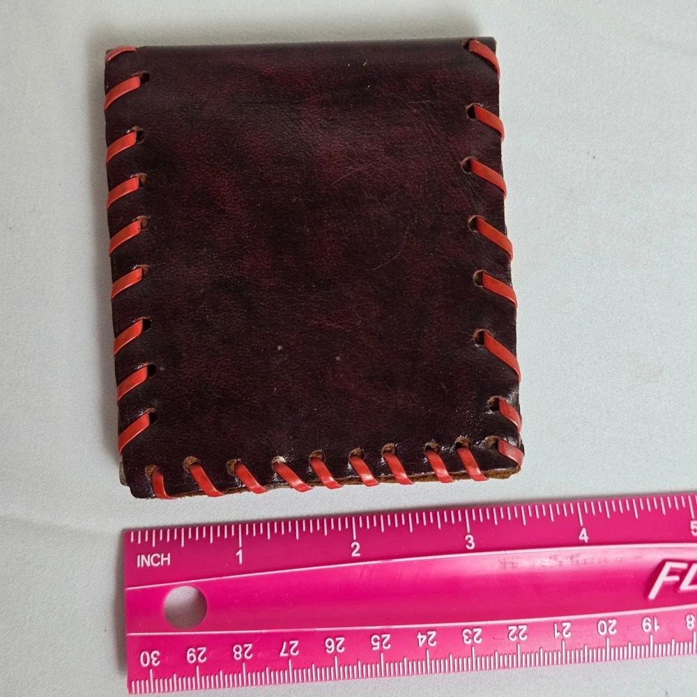 Handmade Bifold Leather Wallet Burgundy Red Contrast Stitching Rustic Primitive‎